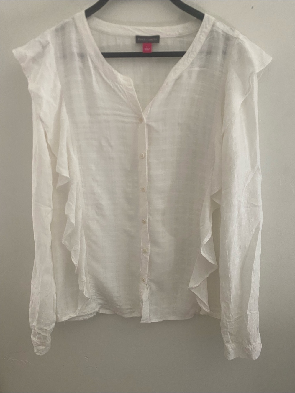 Vince Camuto White Sheer Ruffle-Trim Button Blouse